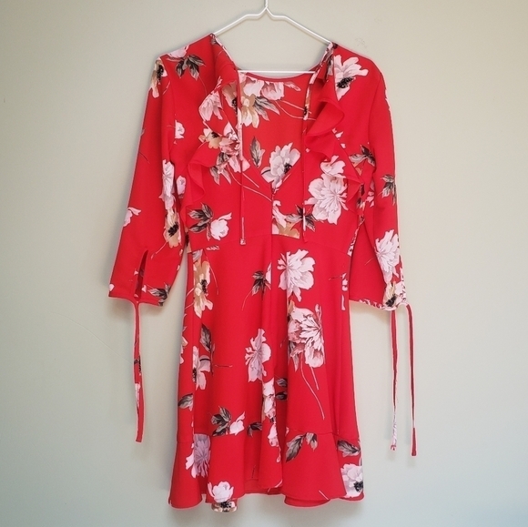Topshop PETITE Red Paint Floral Tea Dress Size 0 - Picture 9 of 14